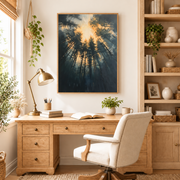 Home office mockup of sun rays through pine trees canvas wall art above a wood desk