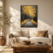 Living room mockup of golden autumn forest road canvas wall art above a light sofa