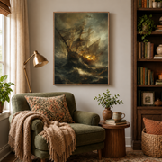 Reading nook mockup of stormy sailing ship canvas wall art above an armchair