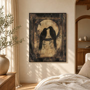 Bedroom mockup of black birds full moon canvas wall art in a softly lit neutral room