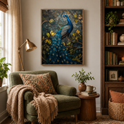 Reading nook mockup of blue peacock botanical canvas wall art above an armchair
