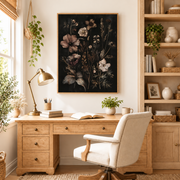 Home office mockup of dark botanical wildflower canvas wall art above a wood desk