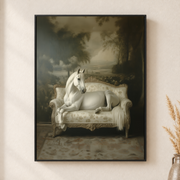 Framed canvas wall art depicting a white horse standing beside a pale antique sofa in a moody interior on a neutral wall