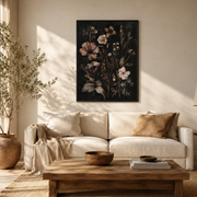 Living room mockup of dark botanical wildflower canvas wall art above a light sofa