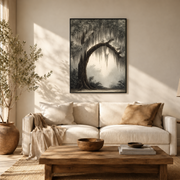 Living room mockup of twisted tree arch canvas wall art above a light sofa