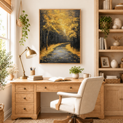 Home office mockup of golden autumn forest road canvas wall art above a wood desk