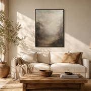 Living room mockup of neutral foggy forest canvas wall art above a light sofa