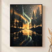 Framed canvas wall art depicting golden-green northern lights reflecting across a dark pine-lined lake on a neutral wall