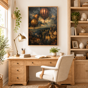 Home office mockup of hot air balloons over village canvas wall art above a wood desk