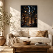 Living room mockup of firefly forest path canvas wall art above a light sofa