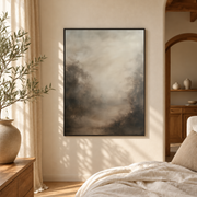 Bedroom mockup of neutral foggy forest canvas wall art in a softly lit neutral room
