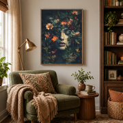 Reading nook mockup of woman with flowers canvas wall art above an armchair