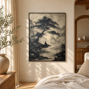 Bedroom mockup of ink wash tree and river canvas wall art in a softly lit neutral room