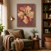 Reading nook mockup of peach blossom canvas wall art above an armchair