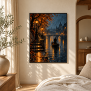 Bedroom mockup of rainy canal at night canvas wall art in a softly lit neutral room
