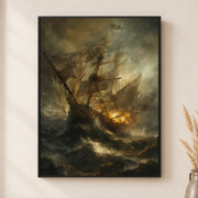 Framed canvas wall art depicting a tall sailing ship battling dark ocean waves beneath a turbulent sky on a neutral wall