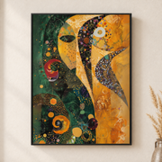 Framed canvas wall art depicting a stylized gold crescent moon and sun face amid teal, orange, and green patterns on a neutral wall