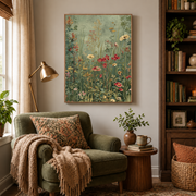 Reading nook mockup of wildflower meadow canvas wall art above an armchair