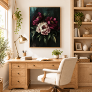 Home office mockup of deep burgundy peony canvas wall art above a wood desk