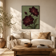 Living room mockup of burgundy poppy canvas wall art above a light sofa