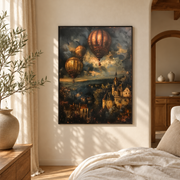 Bedroom mockup of hot air balloons over village canvas wall art in a softly lit neutral room