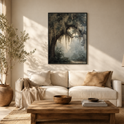 Living room mockup of mossy tree archway canvas wall art above a light sofa