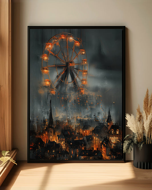Ferris Wheel Over Gothic City Wall Art – Dark Fantasy Urban Print (Poster, Canvas, Framed)