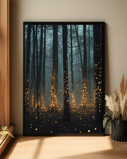 Firefly Forest Moody Glowing Woodland Wall Art  (Poster, Canvas, Framed)