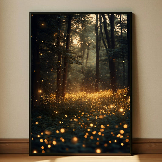 Framed artwork of a forest scene with glowing lights on a wall.