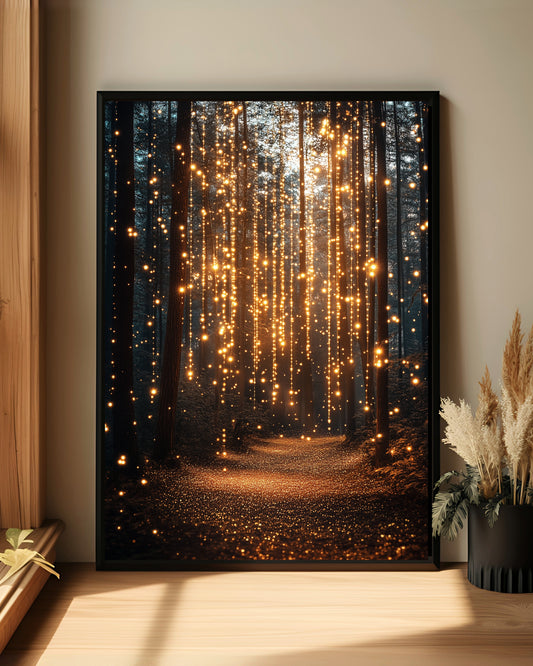 Glowing Forest Path Wall Art – Enchanted Light Trail Print (Poster, Canvas, Framed)