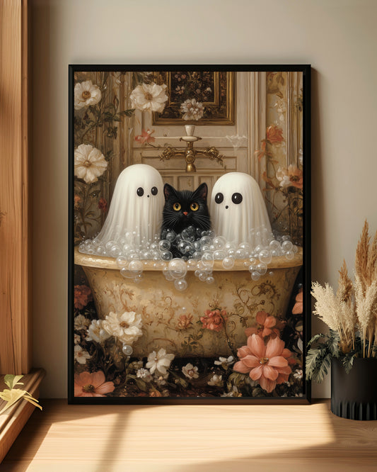 Halloween Cute Ghost Cat Art (Poster, Canvas, Framed)