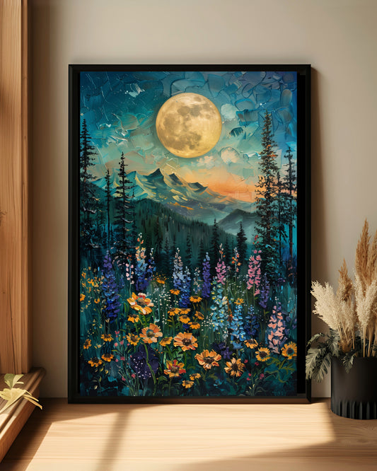 Moonlit Mountain Meadow Wall Art – Colorful Nature Landscape Print (Poster, Canvas, Framed)