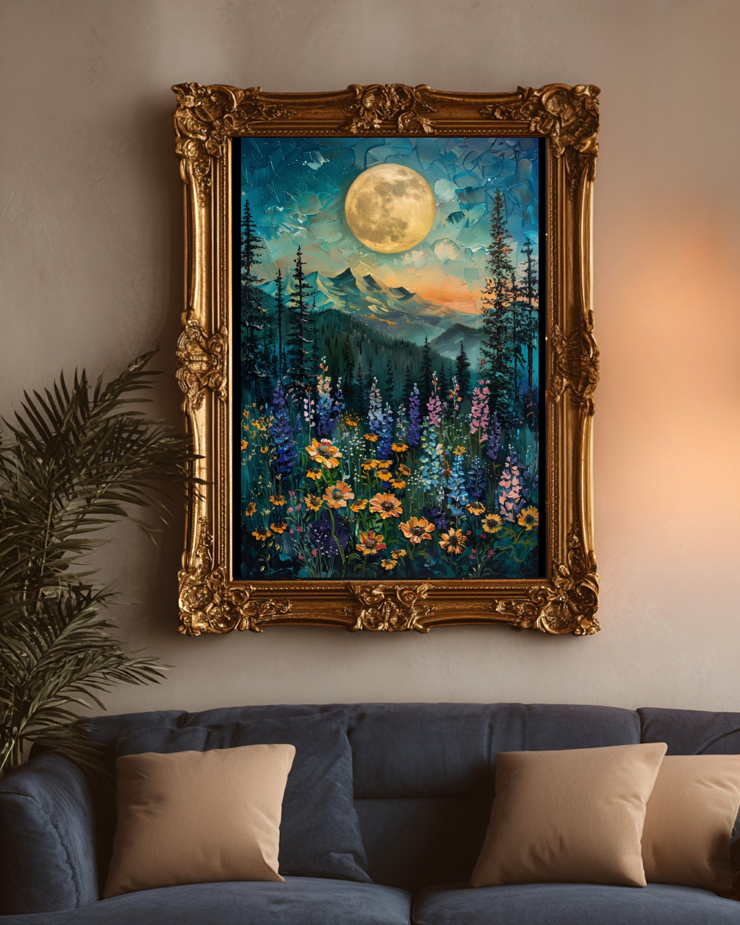 Moonlit Mountain Meadow Wall Art – Colorful Nature Landscape Print (Poster, Canvas, Framed)
