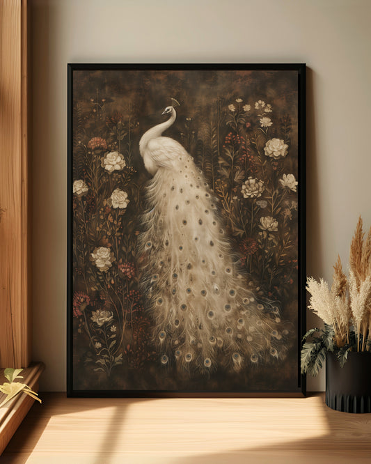 White Peacock Dark Vintage Wall Art (Poster, Canvas, Framed)