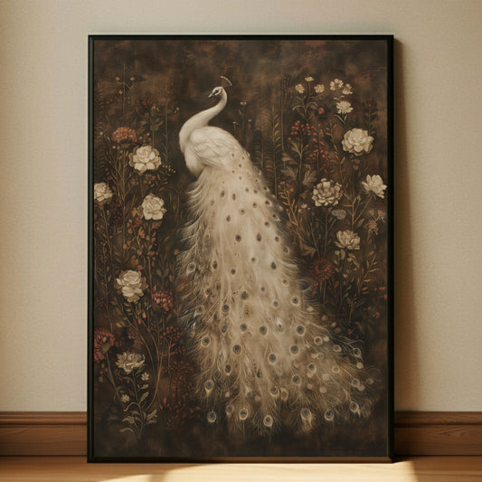 White Peacock Dark Vintage Wall Art Print