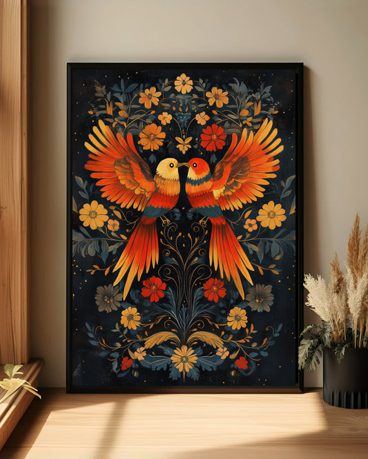Mexican Folk Art Lovebirds Wall Art – Vibrant Floral Bird Print (Poster, Canvas, Framed)