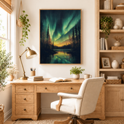 Home office mockup of northern lights forest lake canvas wall art above a wood desk