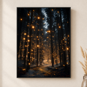 Framed canvas wall art depicting a winding forest path illuminated by golden fireflies beneath tall dark trees on a neutral wall