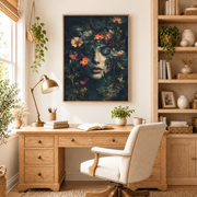 Home office mockup of woman with flowers canvas wall art above a wood desk