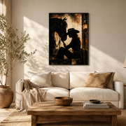 Living room mockup of cowgirl and horse canvas wall art above a light sofa