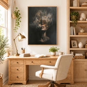 Home office mockup of woman in smoke canvas wall art above a wood desk