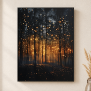 Framed canvas wall art depicting hundreds of warm fireflies glowing among blue-black forest trunks on a neutral wall