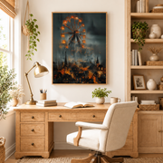 Home office mockup of ferris wheel over burning city canvas wall art above a wood desk