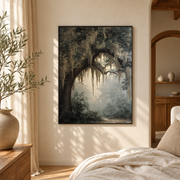 Bedroom mockup of mossy tree archway canvas wall art in a softly lit neutral room