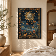 Bedroom mockup of sun and moon botanical canvas wall art in a softly lit neutral room