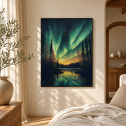 Bedroom mockup of northern lights forest lake canvas wall art in a softly lit neutral room