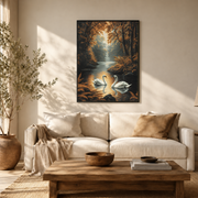 Living room mockup of white swans on woodland lake canvas wall art above a light sofa