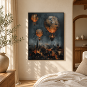 Bedroom mockup of hot air balloons over burning city canvas wall art in a softly lit neutral room