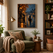 Reading nook mockup of rainy canal at night canvas wall art above an armchair