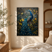 Bedroom mockup of blue peacock botanical canvas wall art in a softly lit neutral room